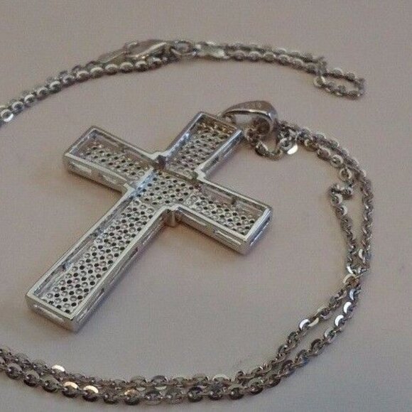 925 STERLING SILVER MICRO PAVE CROSS NECKLACE PENDANT W/ 2 CT LAB DIAMONDS - Picture 5 of 8
